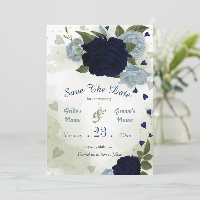 navy & dusty blue flowers green leaves botanical save the date (Standing Front)