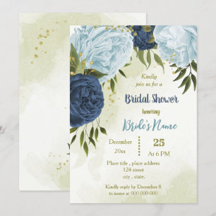 navy dusty blue flowers green leaves bridal shower invitation