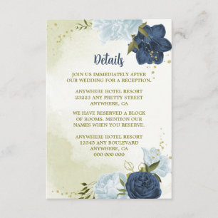 navy dusty blue flowers green leaves  enclosure card