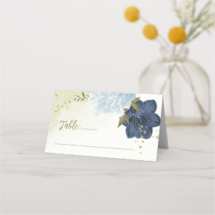 navy dusty blue flowers green leaves place card