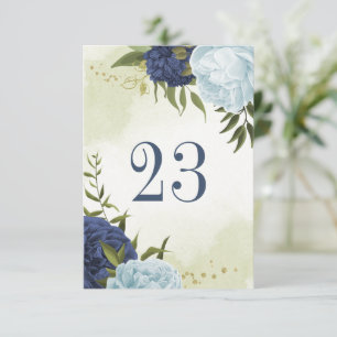 navy dusty blue flowers green leaves table number