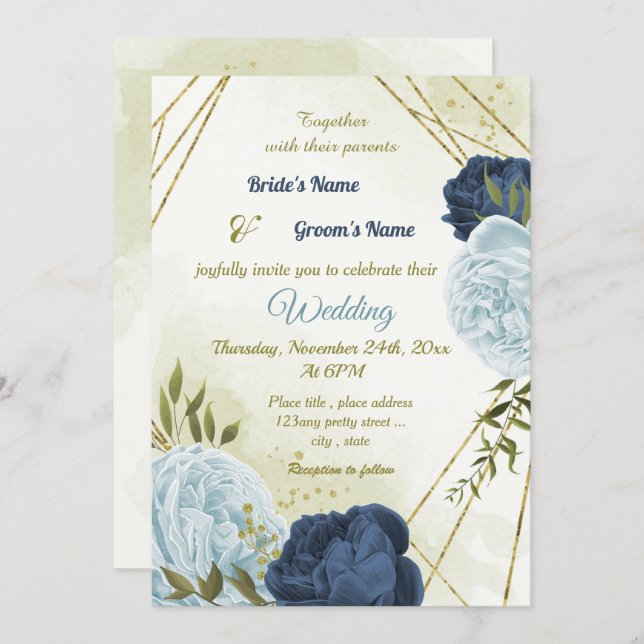 navy dusty blue flowers green leaves wedding invitation (Front/Back)