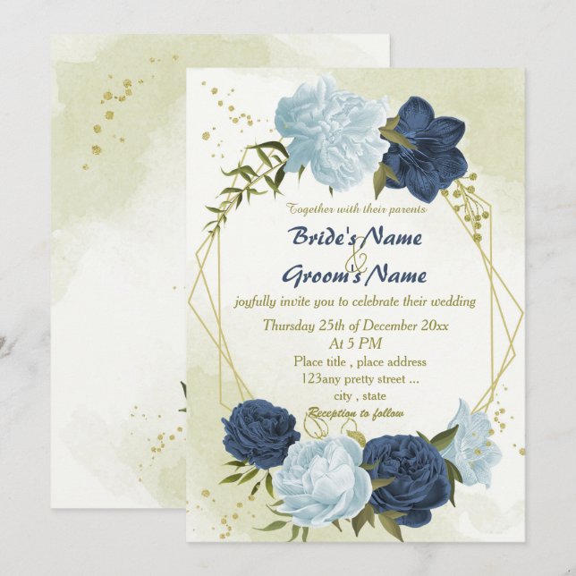 navy dusty blue flowers green leaves wedding invitation (Front/Back)