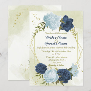 navy dusty blue flowers green leaves wedding invitation
