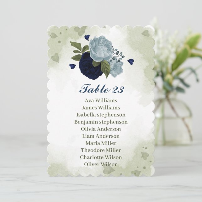 navy & dusty blue flowers green seating chart card (Standing Front)
