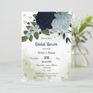 navy & dusty blue  flowers greenery bridal shower invitation