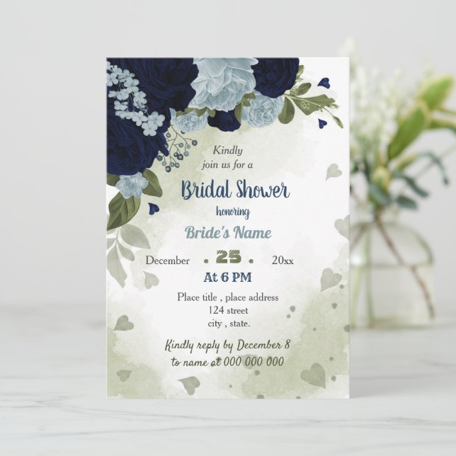 navy & dusty blue  flowers greenery bridal shower invitation (Standing Front)