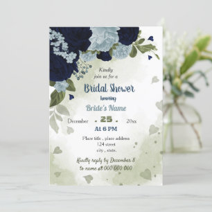 navy & dusty blue flowers greenery bridal shower invitation