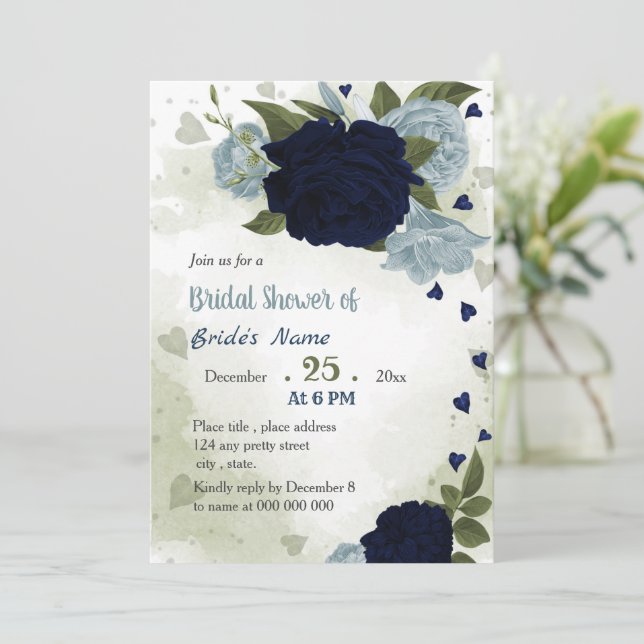 navy & dusty blue  flowers greenery bridal shower invitation (Standing Front)