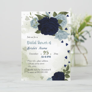 navy & dusty blue flowers greenery bridal shower invitation