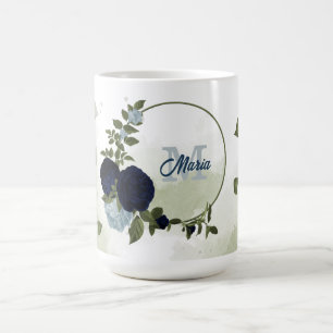 navy &dusty blue flowers greenery monogram coffee mug