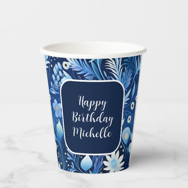 Navy Dusty Blue Flowers Happy Birthday Paper Cups (Front)