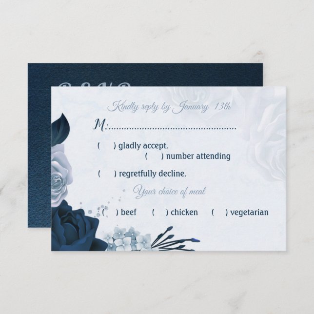 navy & dusty blue flowers meal choice RSVP card (Front/Back)