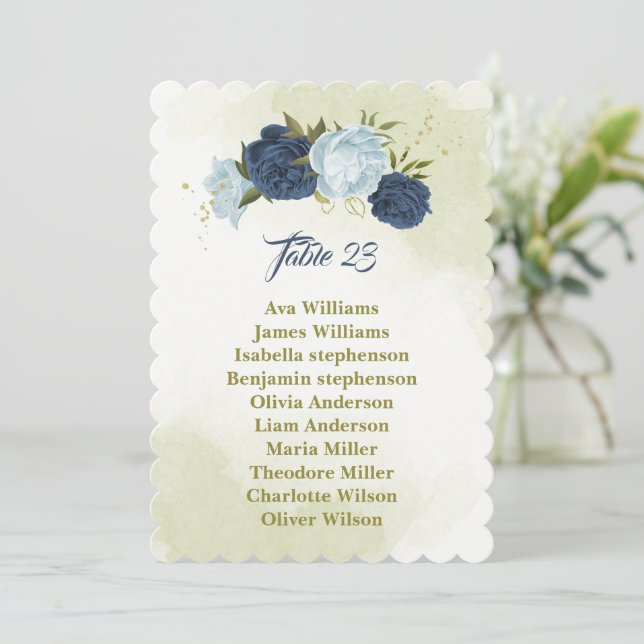 navy dusty blue flowers seating chart card (Standing Front)