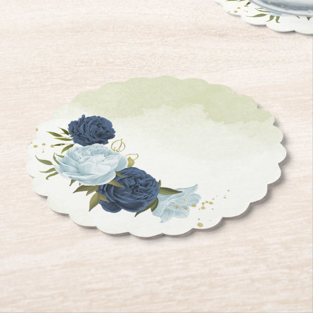 navy dusty blue flowers wedding paper coaster (Angled)