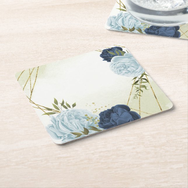 navy dusty blue flowers wedding square paper coaster (Angled)