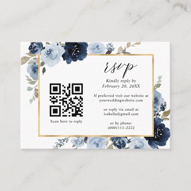 Navy Dusty Blue Gold Floral QR Code Wedding RSVP Enclosure Card (Front)