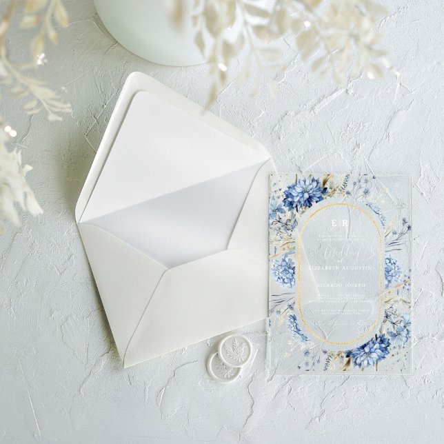 Navy Dusty Blue Gold Floral Spring Bloom Wedding  Acrylic Invitations (Creator Uploaded)