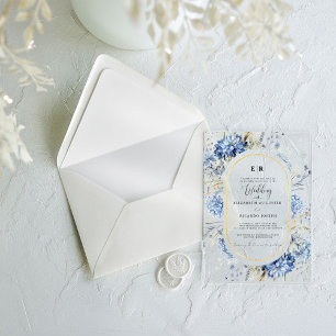 Navy Dusty Blue Gold Floral Spring Bloom Wedding  Acrylic Invitations