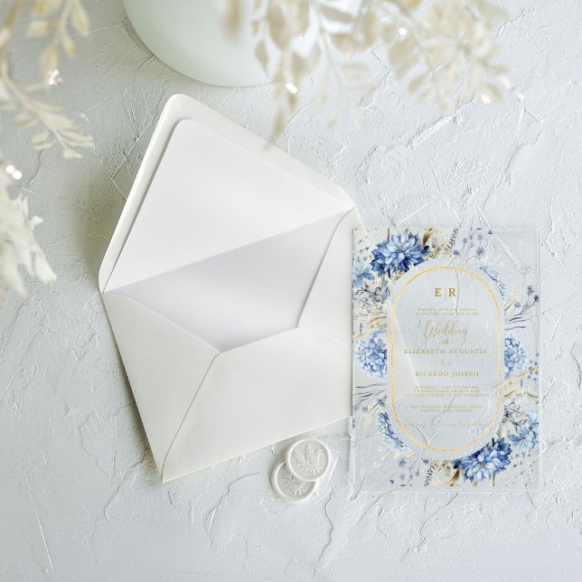 Navy Dusty Blue Gold Floral Spring Bloom Wedding  Acrylic Invitations (Creator Uploaded)