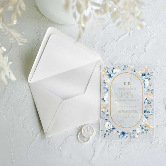 Navy Dusty Blue Gold Floral Spring Bloom Wedding  Acrylic Invitations (Creator Uploaded)