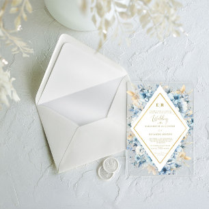 Navy Dusty Blue Gold Floral Spring Bloom Wedding  Acrylic Invitations