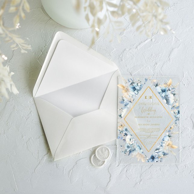 Navy Dusty Blue Gold Floral Spring Bloom Wedding  Acrylic Invitations (Creator Uploaded)