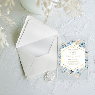 Navy Dusty Blue Gold Floral Spring Bloom Wedding  Acrylic Invitations