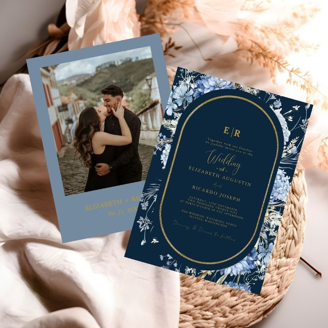 Navy Dusty Blue Gold Floral Spring Bloom Wedding  Invitation (Creator Uploaded)