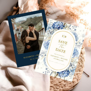 Navy Dusty Blue Gold Floral Spring Bloom Wedding  Invitation