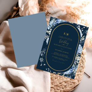 Navy Dusty Blue Gold Floral Spring Bloom Wedding  Invitation