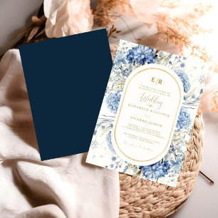 Navy Dusty Blue Gold Floral Spring Bloom Wedding  Invitation