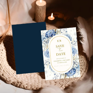 Navy Dusty Blue Gold Floral Spring Bloom Wedding  Invitation