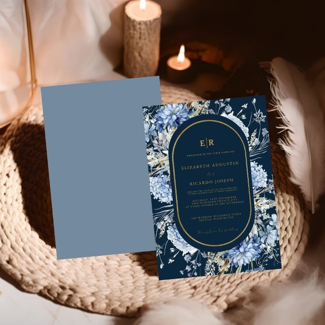 Navy Dusty Blue Gold Floral Spring Bloom Wedding  Invitation (Creator Uploaded)