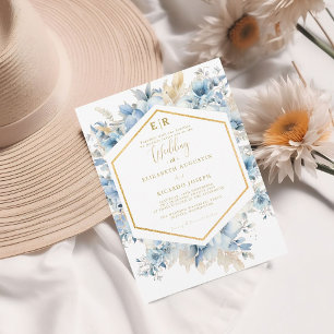 Navy Dusty Blue Gold Floral Spring Bloom Wedding  Invitation