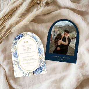 Navy Dusty Blue Gold Floral Spring Bloom Wedding  Invitation