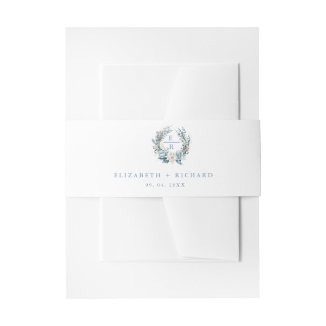 Navy Dusty Blue Gold Floral Spring Bloom Wedding Invitation Belly Band (Front Example)