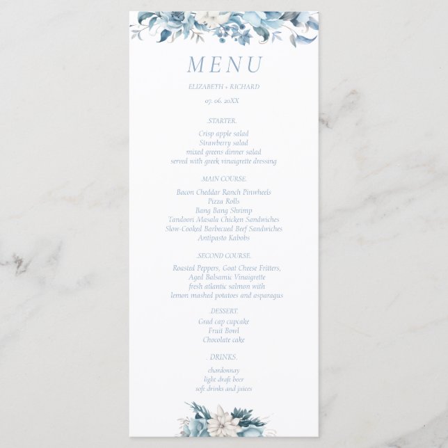 Navy Dusty Blue Gold Floral Spring Bloom Wedding Menu (Front)