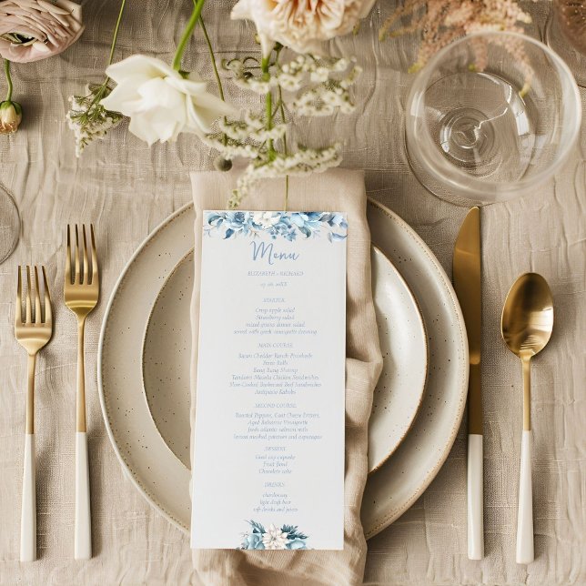 Navy Dusty Blue Gold Floral Spring Bloom Wedding Menu (Creator Uploaded)