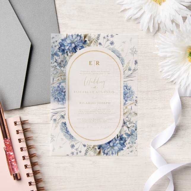 Navy Dusty Blue Gold Floral Spring Bloom Wedding  Vellum Invitations (Wedding)