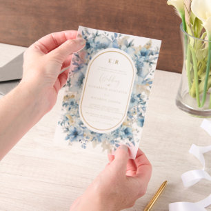 Navy Dusty Blue Gold Floral Spring Bloom Wedding  Vellum Invitations