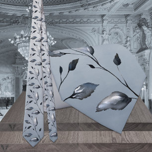 Navy & Dusty Blue Greenery Leaves Wedding Tie