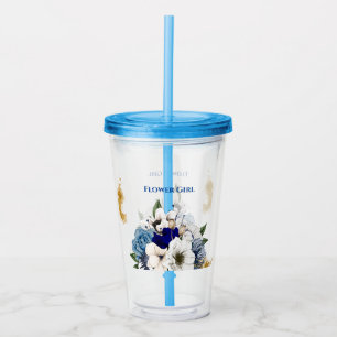 Navy Dusty Blue Ivory Floral Gold Splatter Acrylic Tumbler