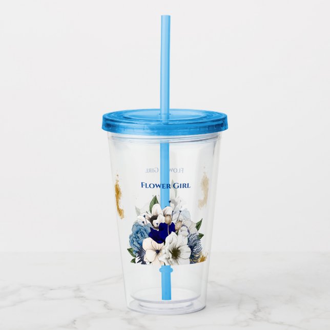 Navy Dusty Blue Ivory Floral Gold Splatter Acrylic Tumbler (Front)