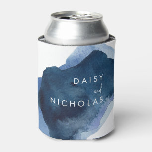 Navy Dusty Blue Ocean Watercolor Wedding Can Cooler