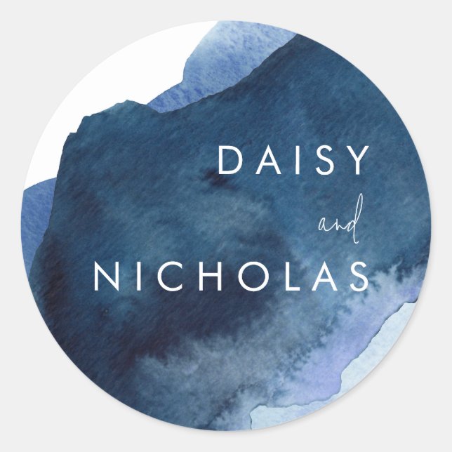 Navy Dusty Blue Ocean Watercolor Wedding Classic Round Sticker (Front)