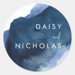 Navy Dusty Blue Ocean Watercolor Wedding Classic Round Sticker