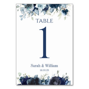 Navy & Dusty Blue Peony Wedding Table Number Card
