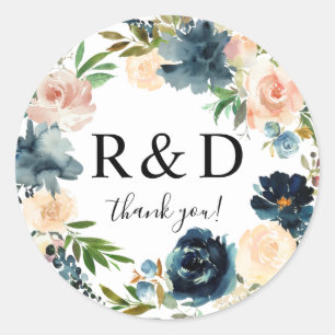 Navy & Dusty Blue & Pink Blush Floral Monogram - Classic Round Sticker