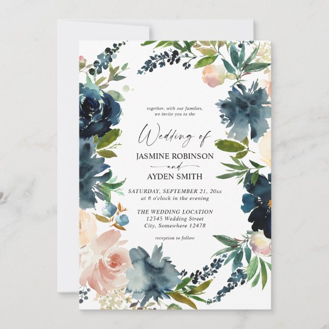 Navy, Dusty Blue & Pink Floral 2 Wedding Invitation (Front)
